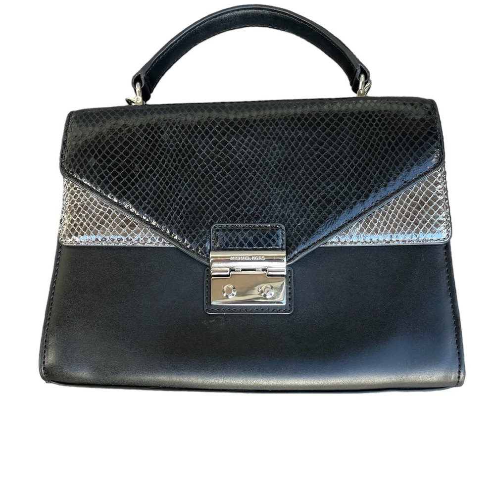 Michael Kors Sloan, satchel,top handle, medium, embossed, leather, black,silver